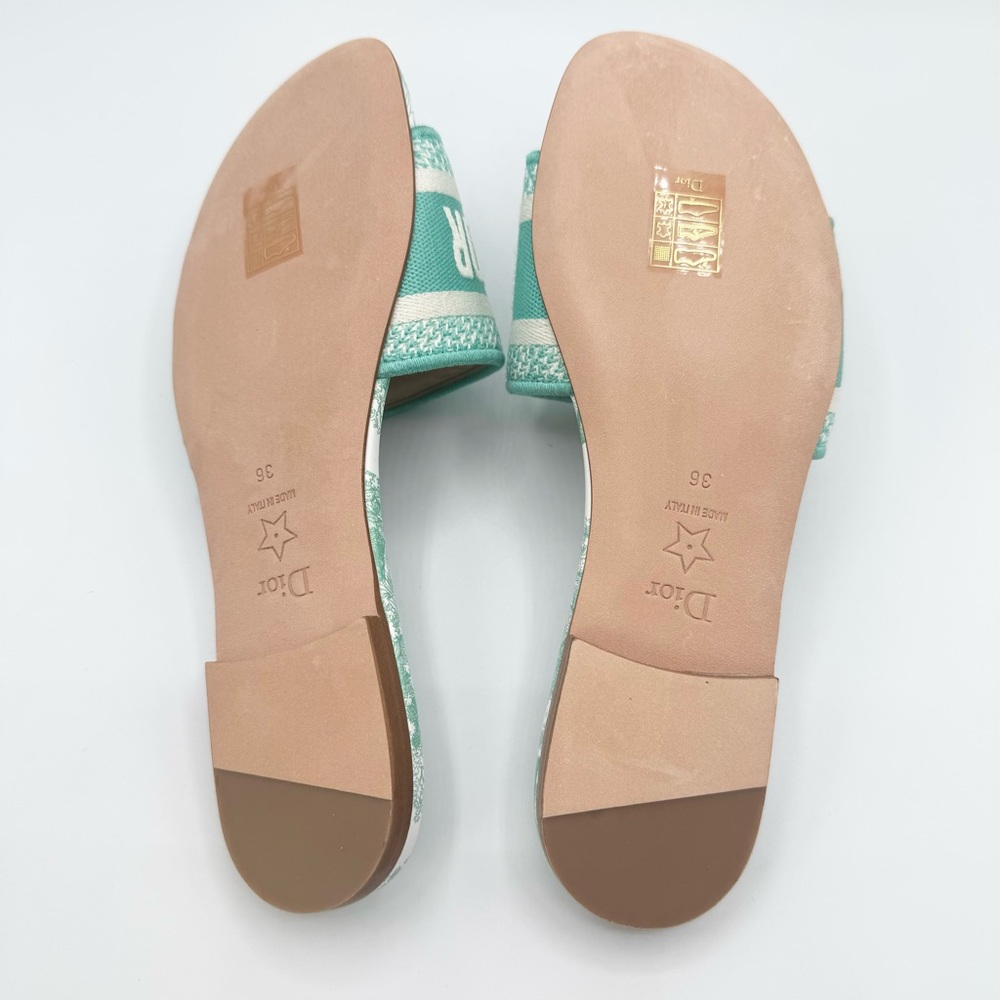 NEW Dior Green White Dway Toile Embroidered Canvas Flat Slide Sandals Shoes - Picture 4 of 9